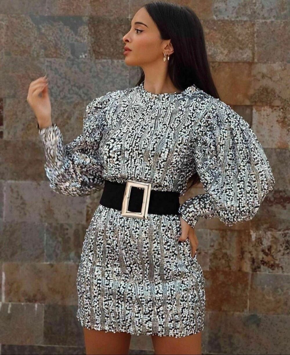 Zara‎ Silver Sequin Puff Sleeve Mini Dress Disco Y2K Party Club Glam Small Black